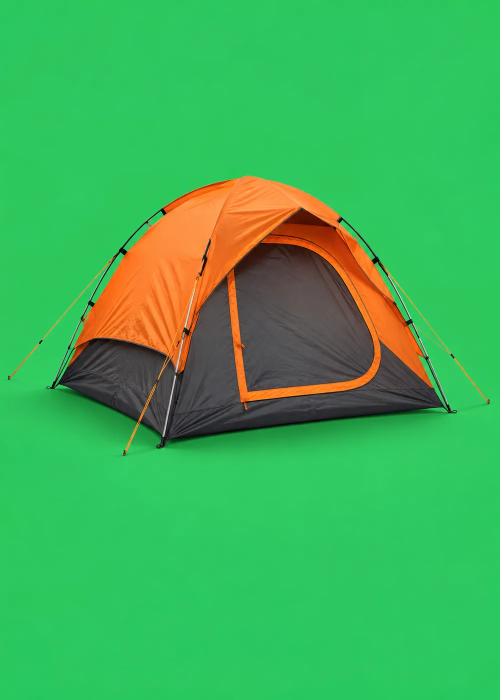 Barraca de camping laranja sobre fundo verde